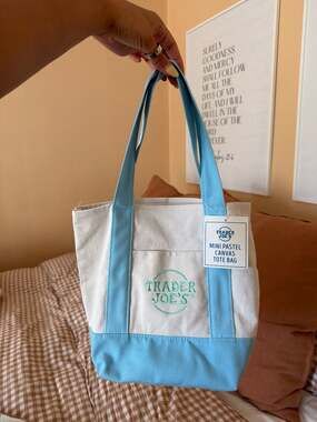 NWT Trader Joe's Mini Pastel Blue Canvas Tote Bag Limited Edition